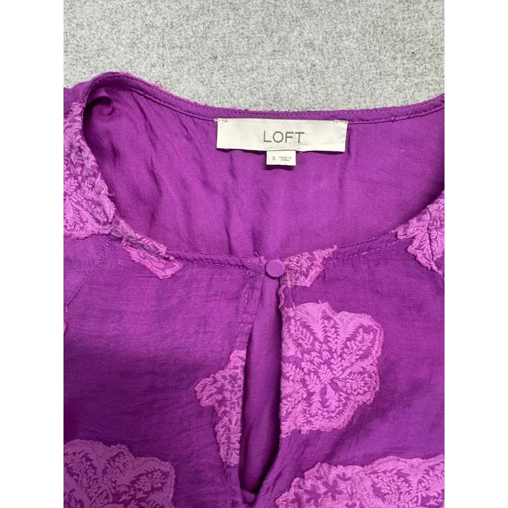 Loft Blouse Womens Small‎ Purple Floral Embroidered Peasant Boho Long Sleeve Top